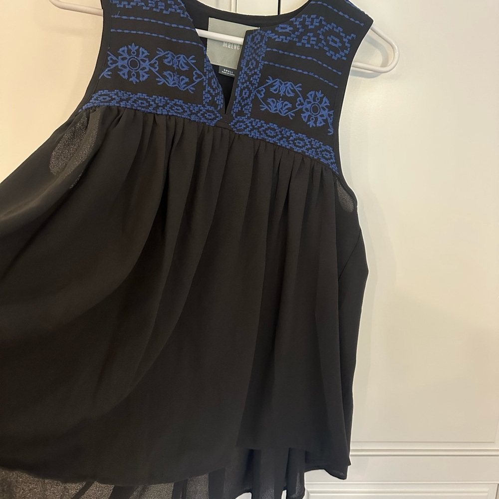Maeve Black Sleeveless Top with Blue Embroidery